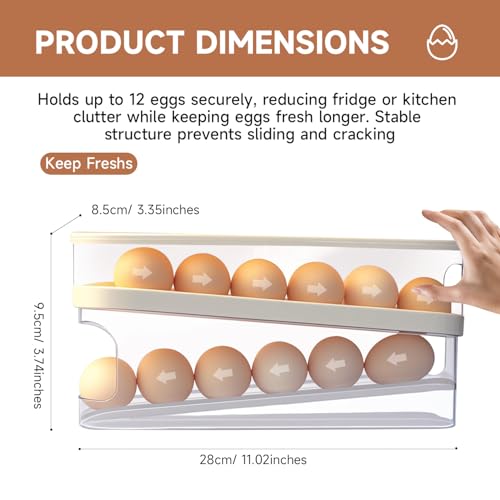 Rolling Egg Holder for Fridge, Egg Dispenser for Refrigerator, Automatic Rolling Storage Container for Countertop, Kitchen & Outdoor Use (3.35"x3.74"x11.02") 2 Pack - color: 2Pcs Cream white