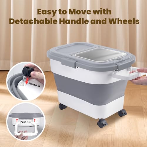 HOYTAMDA 20-30Lbs Rice Container,Collapsible Food Storage Container Wheels | Rice Storage Container with Airtight Locking Lid,Handle,Small Bin &Scoop,Rice Dispenser for Flour Sugar Cereal Grain Dog Cat - color: Grey/20-30lbs