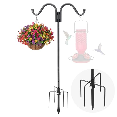 Heavy Duty Double Shepherds Hook for Outdoor, Stable 5-Prong Base, 62 inch Adjustable Height Garden Pole for Bird Feeder, Hanging Plants, Solar Lights, 11/16" Thick Metal Hummingbird Feeder, Anti-Rust - size: 62", Double Hooks