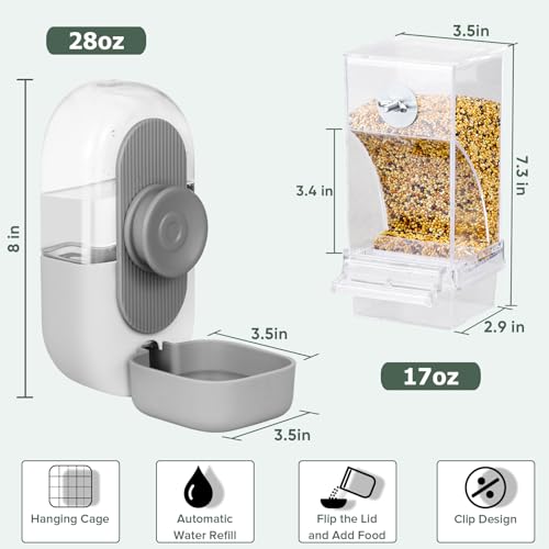 Lemtrflo No Mess Bird Feeder Water Dispenser, Parrot Cage Automatic Feeders | Automatic Feeding & Hydration, Parakeet Cage Accessories for Parrots, Cockatiels, Finches, Lovebirds & Budgies - color: Gray