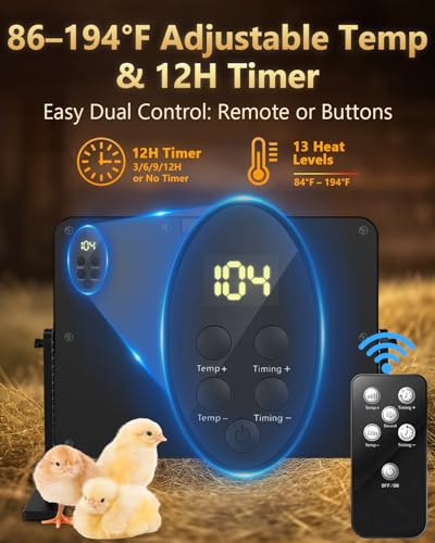 Chick Brooder Heating Plate with 86–194℉ Adjustable Temp, 12H Timer, Adjustable Height & Angle, 200W Rapid Heating Brooder Heater with Remote, 16"x12" Fits 30 Chicks, Ideal for Ducklings, Quail