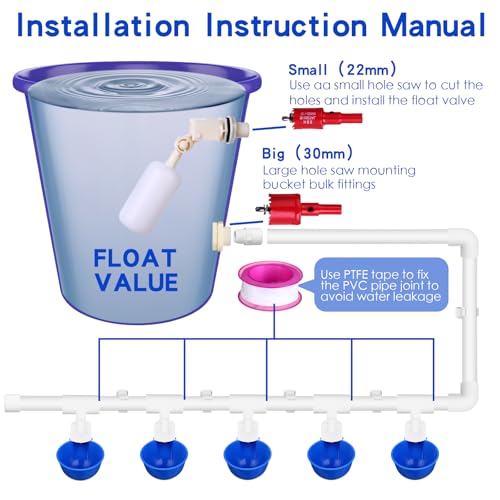 49 Pcs Automatic Chicken Waterer System Includes Chicken Water Cups 1/2" PVC Tee Fittings, PVC Pipes with Float Valve Controlled Fitting Poultry Waterer Chicken Water Feeder
