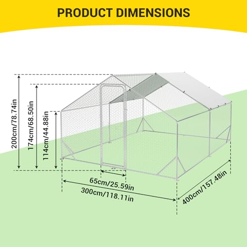 GarveeLife Large Chicken Coop, Metal Chicken Run with Anti-Ultraviolet Waterproof Cover, Spire Roof Walk in Poultry Cage, Outdoor Chicken Pen for Backyard and Farm Use 9.8 ft x 13.1 ft x 6.6 ft - size: 118.1"L x 157.5"W x 78.7"H