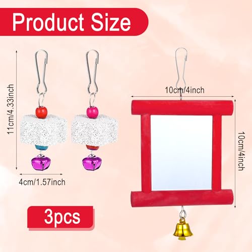 3 Packs Chicken Toys for Coop, Hen Chicken Coop Mirrors Bird Toy with Bells Hanging Parrot Grindstone Bird Beak Stones for Chicks Parrots Birds Hens - color: Red