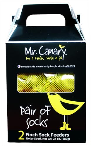 Yellow 'Pair of Socks' Finch Sock Feeders, 2pk, Seed-Filled All-Season Feeders, 24oz Total