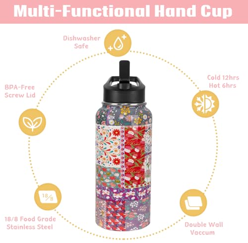 Boho Pioneer Water Bottle with Straws Insulated Sports Bottle Boho Flower Travel Thermal Double Walled Vacuum Cup Leak Proof Stainless Steel Tumbler Mom Gifts-32 oz - color: Red