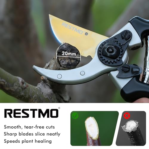RESTMO Pruning Shears, 8.6 Inch, Titanium Blade, Bypass, Black | Professional garden shears. Premium SKS5 steel blade. Forged aluminum handles. Long-lasting sharpness. For gardening. - size: Garden Pruning Shears（Black）