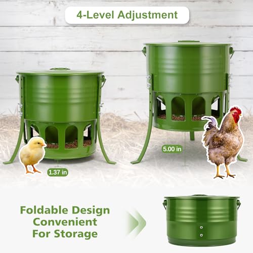 Tgeyd Metal Bucket Chicken Feeder, 20LB Large Capacity Poultry Feeder with 12 Feeding Ports & Dual-Cone No-Waste Design, Adjustable Height & Foldable for Storage, Rust-Proof for Chickens, Ducks, Quail | Organometallic coating