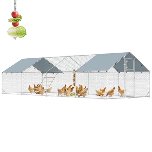 PawHut Metal Chicken Coop with Feeding Door for 24-30 Hens 26'x10'x6.4' | Large Chicken Run Hen House, Waterproof Cover, Hanging Feeder, Perch, Poultry Cage, Outdoor Backyard Farm - size: 315.0"L x 118.1"W x 76.8"H