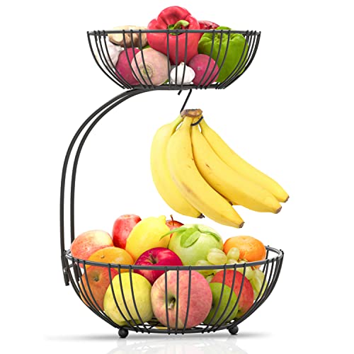 Fruit Basket For Kitchen Counter - Fruit Basket With Banana Hanger - Double Layer Metal Wire Fruit Bowl For Countertop - Fruit Holder For Produce, Vegetables