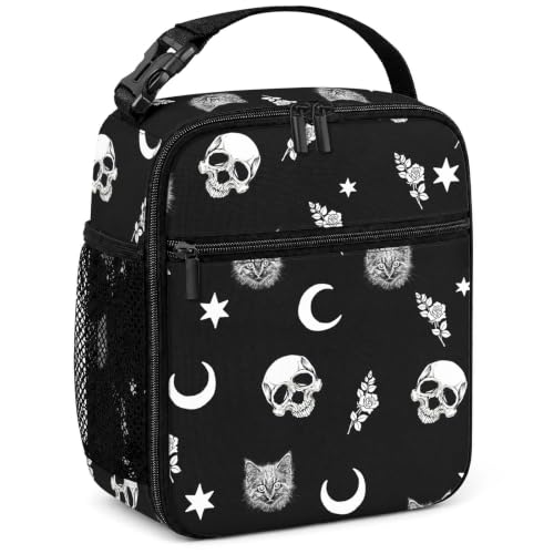 Lunch Box Girls Boys Women Insulated Lunch Bag, Gothic Skull Cat Moon | Reusable Lunchbox, Cooler Tote Bag with Cup Holder, Lightweight, High Capacity, Multiple Pockets for School Work Travel - color: Skull Cat Moon