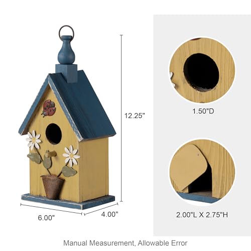 Glitzhome Birdhouses for Outdoors, Hanging Bird Houses for Outside, 12.25" H Washed Yellow Distressed Solid Wood Decorative Pet Cottage Outdoor Garden Birdhouse with Ladybug and Flowers - color: 12.25"H Washed Yellow