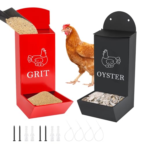 2 Pack Gravity Chicken Grit Feeders with Lids, Metal Oyster Shell Feeder | Hanging Gravity Chicken Poultry Feeder Troughs, Metal Coop Accessories Supplies, Grit, Oyster Shell, Feed