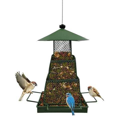 Metal Hanging Bird Feeder with 360° Mesh and 4 Perches | 4lb Seed Capacity, Easy Refill Roof, Weather Resistant, Small Bird Friendly, Ventilated Design, Durable Metal Build - color: Green