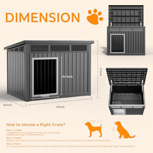 Durable Waterproof Resin Dog House,Indoor Outdoor Doghouse for Small to Large Dogs,Dog Kennel with Air Vents and Elevated Floor,Easy to Assemble and Clean(Black 42.87 * 32.95 * 31.61) - style: Black