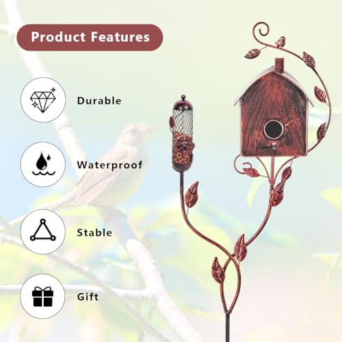49" Bird Houses for Outside with Pole, Outdoor Metal Birdhouse with Mesh Feeder for Patio, Yard, Garden(Antique Bronze) - style: Cottage(Antique Bronze)