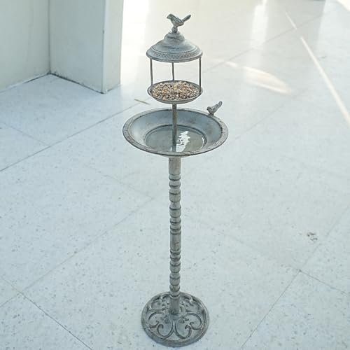 44.5" H 2 in 1 Metal Bird Bath, Standing Bird Feeder Garden Yard Decor | 2-in-1 weatherproof metal bird bath, functional standing bird feeder, exquisite decor for backyard garden and yard - color: Retro-D