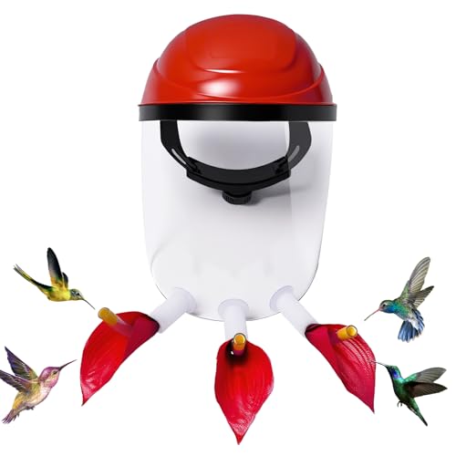 Hummingbird Feeder Hat, Wearable Hummingbird Feeder Helmet | Hummingbird Feeder Mask with 3 Upward Flower Ports for Close Viewing, Helps Reduce Drips, Fog-Resistant Visor, Adjustable Fit - color: Red-1P