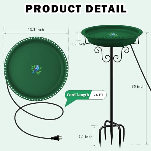Heated Bird Bath, Lovppy 100W Thermostatically Controlled Heated Bird Baths for Outdoors Bird Bath Heater with Metal Stake, Heated Bird Bath for Outside Winter Garden Patio Yard Lawn (Green) - color: Green