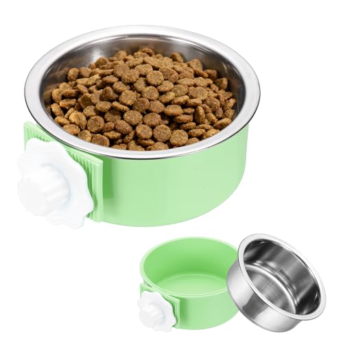 Crate Dog Bowl, Removable Stainless Steel Pet Cage Hanging Anti-Overturn Food Water Feeder Cage Cup (Round, Green, 13.2oz), Intended for Puppies/Cat/Rabbit/Bird - color: Green, size: 5.1"(13.2oz)