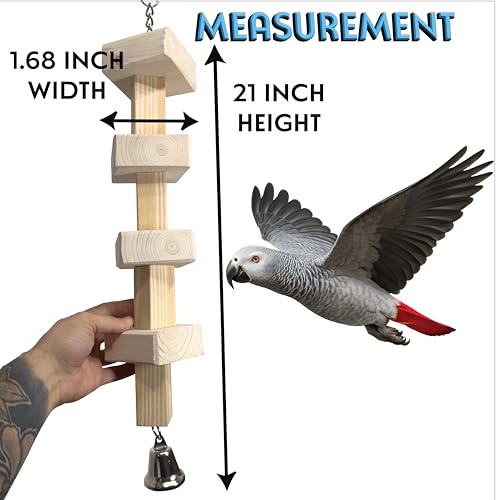 1809 Large Natural Block - Handcrafted Bird Toy For Parrot Macaw African Grey - Unfinished Kiln Dried Wood Pieces With Big Bell - Destructible Chewing Cage Accessories - Big Chewy Blocks - Climbable