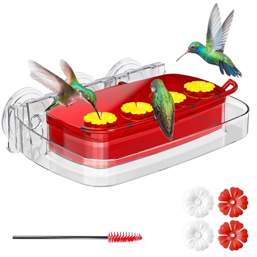 Window Hummingbird Feeder with Strong Suction Cup, Plastic Hummingbird Feeders for Outdoors, Built-in Moat,Easy to Clean and Refil (10oz) (1, Red) - color: Red, size: 1 Pack