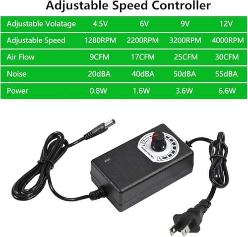 120mm x 32mm Dual Ball Blower Fan 12V with 110v - 240v AC Plug Variable Speed Controller - High Velocity Squirrel Cage Fans for DIY Cooling Projects, BBQ, Drum Smoker