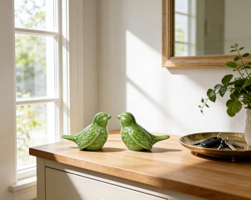 Set of 2 Ceramic Green Bird Figurines, 3.75 Inch Modern Bird Statues Home Decor, Cute Small Knick Knacks for Shelf, Office, Living Room, Bathroom, Kitchen, Housewarming Gift - color: Green