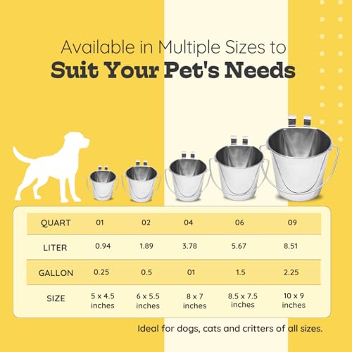 Stainless Steel Flat Side Bucket with Dual Hooks 2 Quart (0.5Gallon)– Heavy Duty Hanging Dog Water & Food Bowl Kennel, Cage & Crate, Durable Pet Pail for Dogs, Cats, Birds & Small Animals - size: 2 Quart