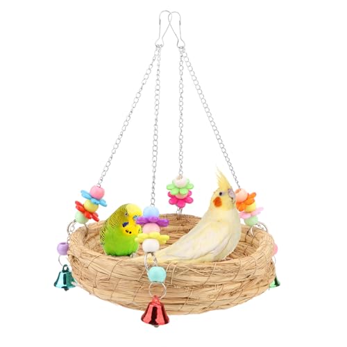 Hypeety Natural Handwoven Straw Bird Nest Bed Bird Swing Toy with Bells | Natural straw, handwoven, breathable and chewproof nest, easy-hanging with 2 hooks, for parakeet/cockatiel/budgie cage perch - color: A