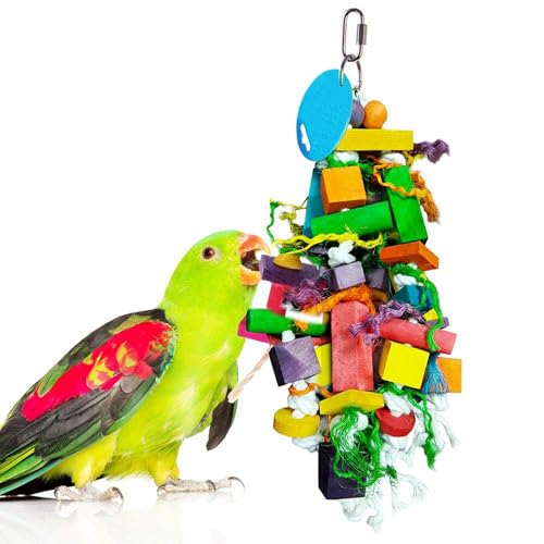 SunGrow Parrot Toy – Bird Foraging & Chew Toy with Wooden Blocks and Cotton Rope, Hanging Cage Accessory for Conures, Budgies, Parakeets & Other Small Birds