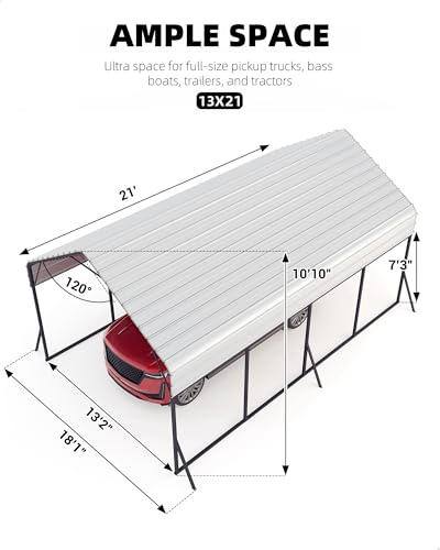 GarveeLife 13 ft x21 ft x11 ft Oversized Metal Carport, Steel Heavy Duty Car Ports for All-Weather, Tall Carport for Full-Size Pickup Trucks, Boats, and Tractors, N.W. 660 LBS
