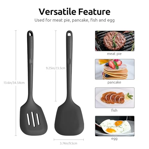 U-Taste 600ºF Heat Resistant 13.6in Solid & Slotted Thick Kitchen Silicone Turners (Black) and 18/8 Stainless Steel 7" Mini Whisk for Cooking