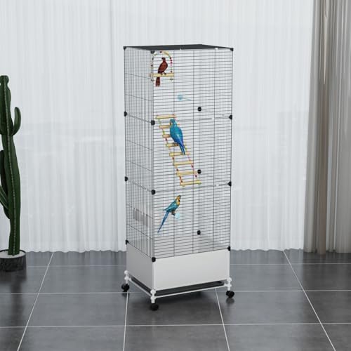STILLCOVE X-Large Flight Bird Cage, with Bowls & Perches & Ladder & Swing | with Removable Tray, Universal Wheels, Tall Birdcage for Parakeet, Parrot, Cockatiel, Conure, Budgie, Canary, Finch, Lovebird - size: 14.2"L x 18.5"W x 53.2"H