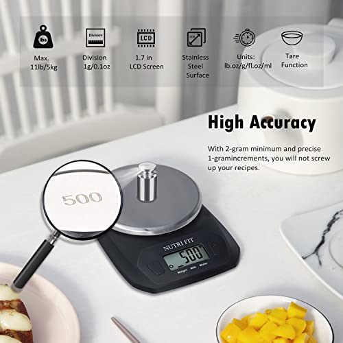 Digital Food Scale Small Kitchen Scales Weight in Grams Oz Black | Stainless Steel Panel, 1g Increment, Max 11lbs, Extra-Small Size, Smart Tare, Cooking Baking Weight Loss, Backlit LCD Display - color: Elegant Black