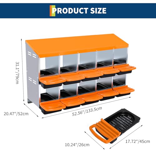 2-Tier Chicken Nesting Box, 10 Compartment Metal Nesting Box for Chickens with Waterproof Roof, Non-Slip Stable Base, Heavy Duty Chicken Laying Boxes for Hens, Poultry - color: Orange, size: 10 holes