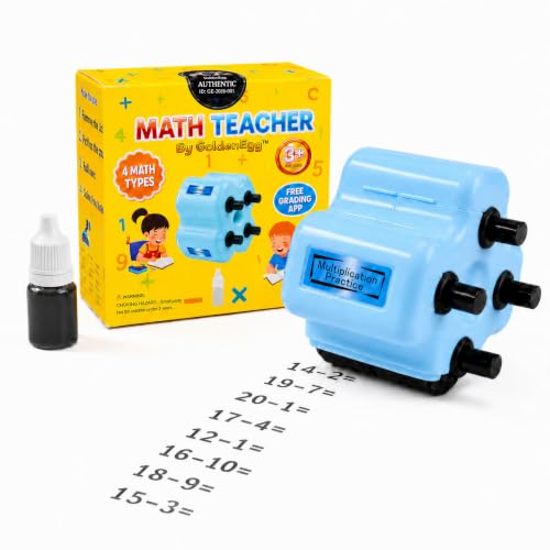 GoldenEgg Math Teacher 4-in-1 Math Roller Stamp, Addition, Subtraction, Multiplication & Fill-in-the-Blank Practice Tool for Kids, Classroom & Home Use (Blue) - color: Blue