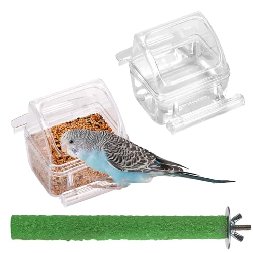 IBWell 2 Pack Clear Water Bowl and Food Container - Bird Cage Feeder With Perch for Parakeets - No Mess Design - color: clear