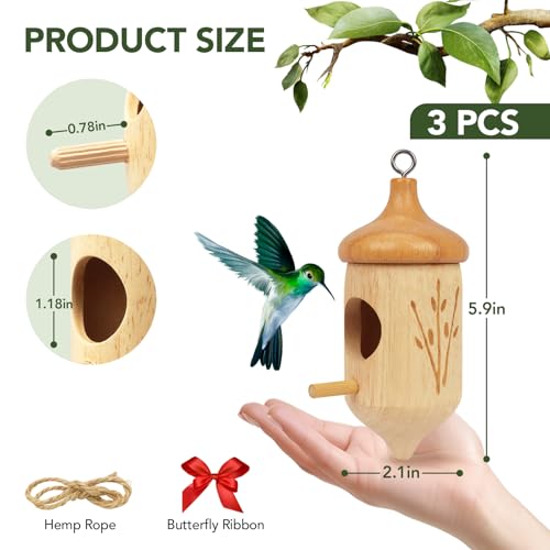 Hummingbird House, Small Hummingbird Houses for Outside | Wooden Bird House with Bow, String, Cute Gardening Gifts Home Decoration, Attractive Hummingbird Garden Decor - color: Style-3, size: 3 Pack