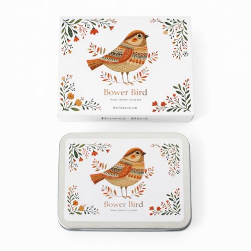 Bower Bird Travel Ceramic Watercolor Palette with Porcelain Mixing Tray, Metal Tin Box, White, 5.3x3.5x0.55 Inches, Portable Art Kit (8Well)