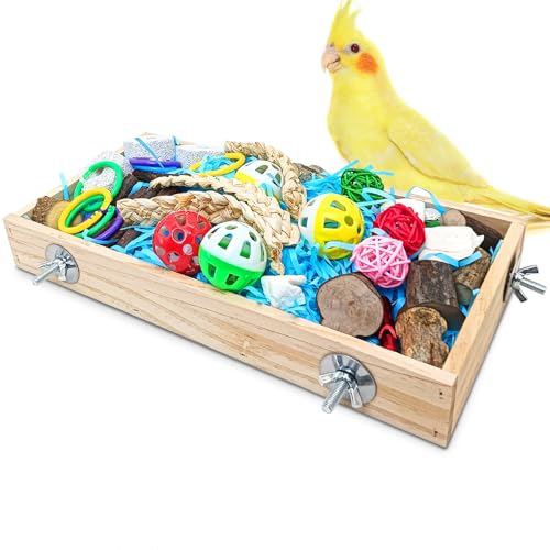BNOSDM Bird Foraging Toys Box Colorful Parrot Foraging and Shredding Toy Boxes Natural Bird Toy Wooden Birds Chewing Toys for Parakeet, Conure, Cockatiel, Budgies, Lovebirds (Large) - size: 11.8x 5.9x 1.57in
