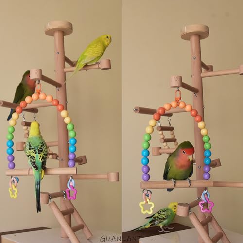 Bird Cage Swings Perch Cockatiels Parrot Hanging Chewing Beads Bell Toys | Parakeets Birdcage Wood Stands, Rainbow Color Acrylic Bead, Climbing Training Set for Lovebirds Conures Budgies - color: Rainbow