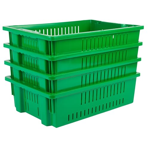 Hudson Exchange 20 x 13 x 5.6" (4 Pack, 4.5 Gallon) Agricultural Nest and Stack Vented Crate Handled Storage Container Tote, Green - color: Green