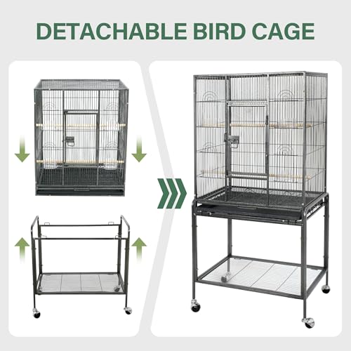 ZENY 53-Inch Parakeet Bird Cage, Wrought Iron Large Parrot Flight Birdcage | with Rolling Stand, Perches, Slide-Out Tray and Plastic Feeders, Casters,Bird Cage for Cockatiels Canary Finch - color: Black + Silver