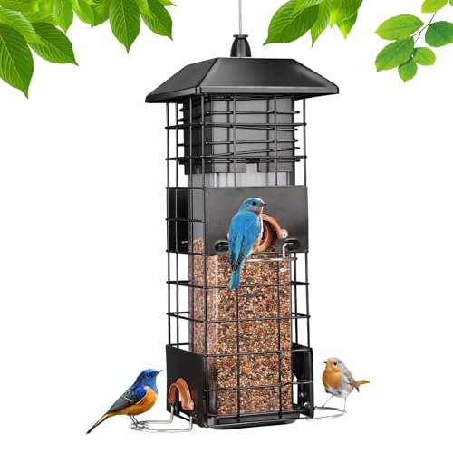 Squirrel Proof Bird Feeder, Hanging Feeder with Gravity Protection | 2.5 LB Large Capacity, Metal Feeders for Outdoors/Garden/Courtyard，4 Feeding Ports for Attract More Small Wild Birds, Black