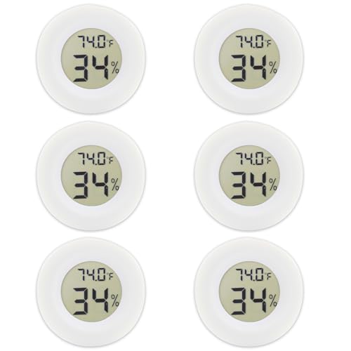 6-Pack Mini Round Hygrometer Thermometer Digital LCD Monitor Indoor Outdoor Humidity Meter Gauge Temperature for Humidifiers Greenhouse Reptile Fahrenheit Celsius White