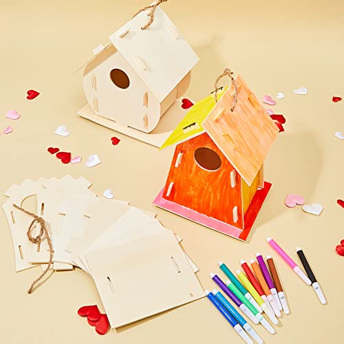 Deekin 42 Sets DIY Birdhouse Kit for Kids to Build and Paint, Include Unfinished Wooden Bird House Strips and Colorful Painting Pens for Fun Craft Activity Creative DIY Art Project