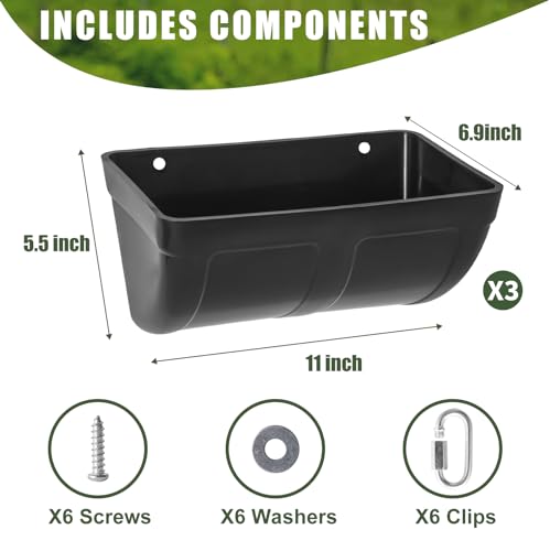 3 Pack Hanging Chicken Feeder Waterer Trough 4 Quart, Goat Feeding Supplies, Coop Fence Feeder, Feed Bucket & Water Container with Clips for Chicken Duck Piglet Sheeple Dog Livestock Poultry (Black)
