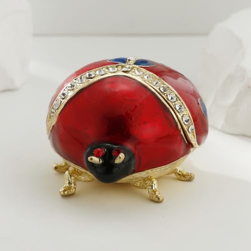 Hand Painted Enameled Ladybug Trinket Box, Hinged Unique Mini Ring Necklace Jewelry Organizer, Classical Bejeweled Storage, Figurine Collectible Keepsake Home Decor (Ladybug-2) - color: LadyBug-2