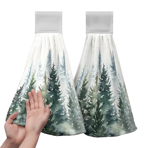 Watercolor Green Tree Hanging Hand Towels Christmas Pine Tree Kitchen Tie Towel Rustic Nature Forest Hand Towels with Hook Loops Winter Hanging Kitchen Towel Fast Drying Dish Tea Towels, 2pcs - color: Green Tree
